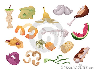 Waste foods. Recycling organic trash fruits meat vegetables fish bones waste exact vector illustrations isolated Vector Illustration