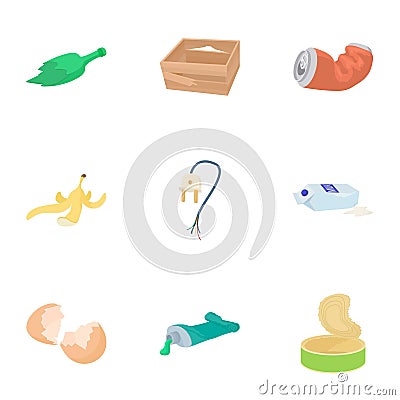 Waste icons set, cartoon style Vector Illustration