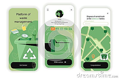 Waste manage concept onboarding screens. UI, UX, GUI user interface kit Vector Illustration