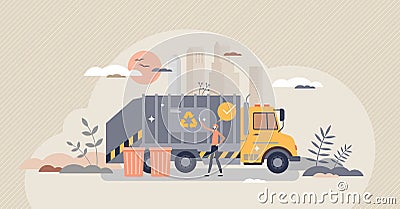 Waste management, garbage recycling with disposal truck tiny person concept Vector Illustration