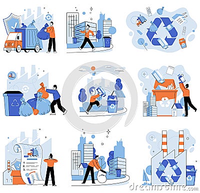 Waste management. Junk can be repurposed through recycling and contribute to cleaner planet Vector Illustration