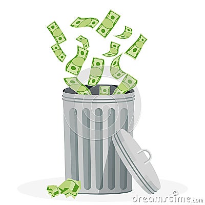 Waste of money. Dollar bills, banknotes fly into the trash. Vector Illustration