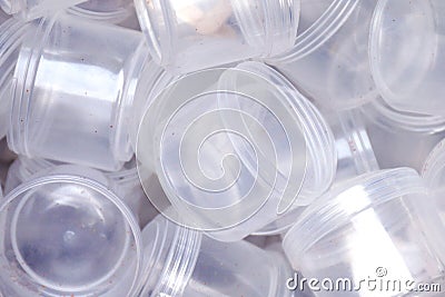 Waste plastic cups many, Garbage plastic, Plastic glass dirty, Plastic waste trash pollution in bin top view close up Stock Photo