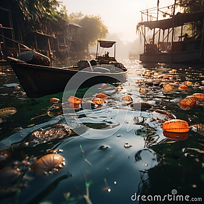 Waste pollution from plastic and household waste in rivers and seas pollutes the environment and water Stock Photo