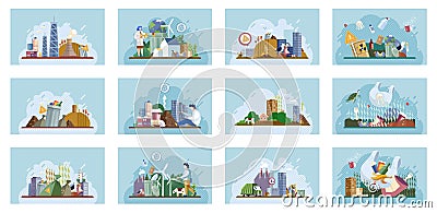 Waste pollution. Unsorted trash . Rubbish and trash bags dump. Pile of waste Vector Illustration