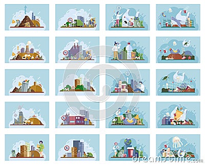 Waste pollution. Unsorted trash . Rubbish and trash bags dump. Pile of waste Vector Illustration
