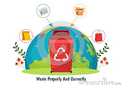 Waste Properly And Correctly Vector Illustration with Demonstration of Correct Garbage Sorting and Proper Disposal in Flat Cartoon Vector Illustration
