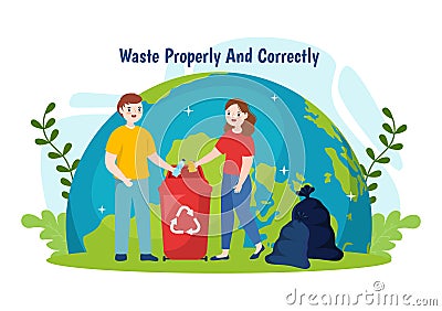 Waste Properly And Correctly Vector Illustration with Demonstration of Correct Garbage Sorting and Proper Disposal in Flat Cartoon Vector Illustration