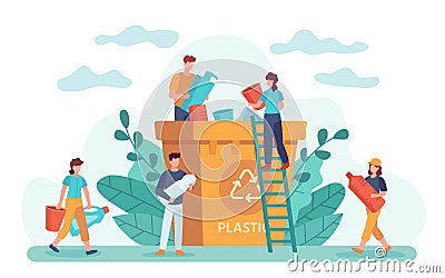 Waste recycle. Eco-friendly people throw out trash in recycling bin. Ecology lifestyle, plastic garbage and zero waste Vector Illustration