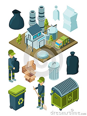 Waste recycle isometric. Refuse garbage facility sort plastic container disposal trash truck vector symbols Vector Illustration