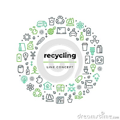 Waste recycle line concept. Zero waste environment plastic garbage reuse bio organic food trash. Ecology recycling Vector Illustration