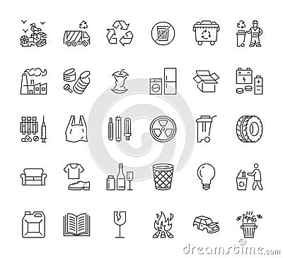 Waste recycle line icons set. Trash bin, bag, garbage types - food, plastic, battery, organic, paper, metal, vector Vector Illustration