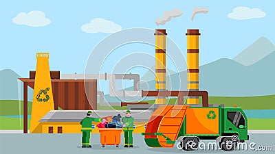 Waste recycle plant, vector illustration. Trash recycling industry concept design, people near truck with cartoon Vector Illustration