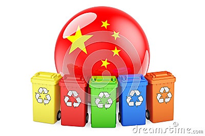 Waste recycling in China. Colored recycling bins with Chinese flag, 3D rendering Stock Photo