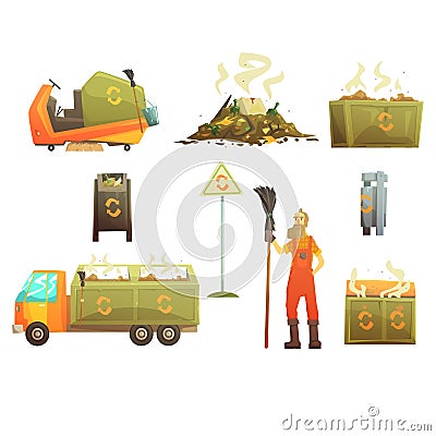 Waste Recycling And Disposal Related Object Around Garbage Collector Man Set Of Cartoon Bright Icons Vector Illustration