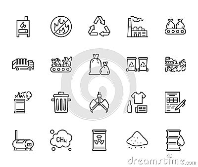 Waste recycling flat line icons set. Garbage bag, truck, incinerator factory, container, bin, rubbish dump vector Vector Illustration
