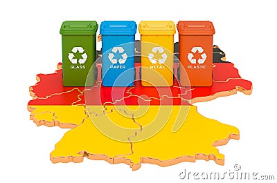 Waste recycling in Germany. Colored trash cans on the map of Germany, 3D rendering Stock Photo