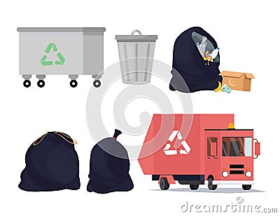 Waste recycling icons set. Sorting, transporting process of garbage, trash can. Vector illustration Vector Illustration