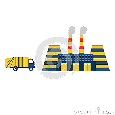 Waste recycling plant and garbage truck. Recycling ecology process. Truck transporting trash to recycling plant. Vector Illustration