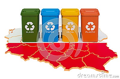 Waste recycling in Poland. Colored trash cans on the map of Poland, 3D rendering Stock Photo