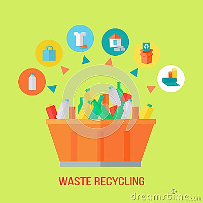 Waste Recycling Process. Rubbish Bin Vector Illustration