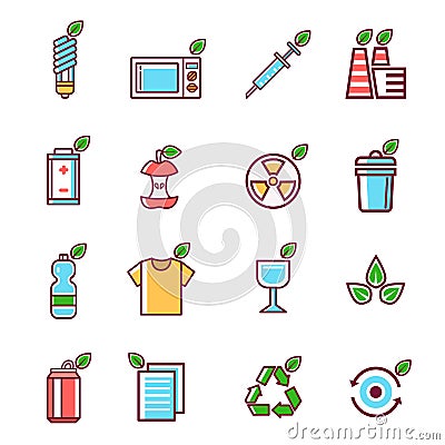 Waste rubbish pollution ecology recycling set outline eco energy concept garbage disposal trash vector illustration Vector Illustration