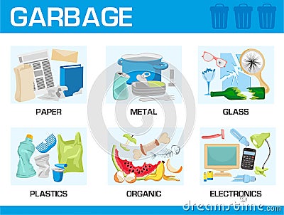 Waste segregation infographic. Sorting garbage by material and type. Separating and recycling garbage vector Vector Illustration