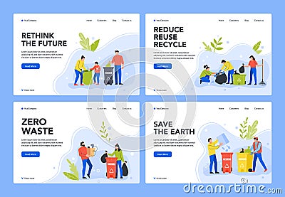 Waste separation and recycle. Environment care, people sort garbage in containers for recycling to stop pollution and Vector Illustration