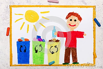 Waste separation. Smiling boy segregating their garbage to different colored trash bins. Stock Photo