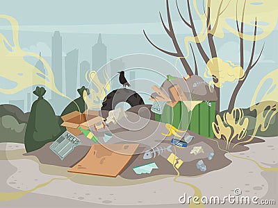 Waste smell. Toxic junk mountain garbage bad environment dump smell clouds vector background Vector Illustration