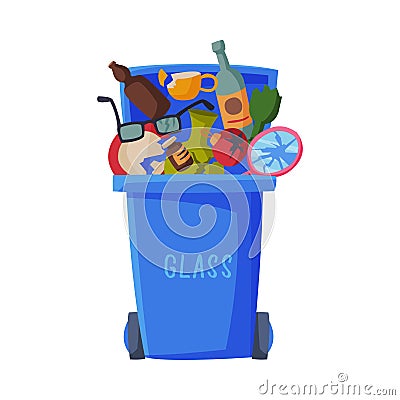 Waste Sorting, Blue Trash Can with Glass Sorted Garbage, Segregation and Separation Rubbish Disposal Refuse Bin Vector Vector Illustration