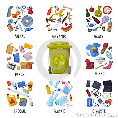 Waste Sorting, Different Types of Garbage, Paper, Plastics, Metal, Glass, Organic, E-Waste, Segregation and Separation Vector Illustration