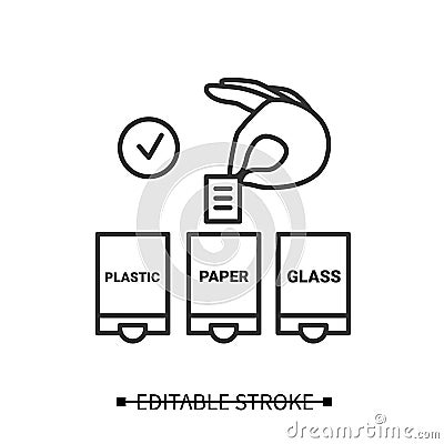 Waste sorting icon. Hand putting paper in trash container simple vector illustration Vector Illustration