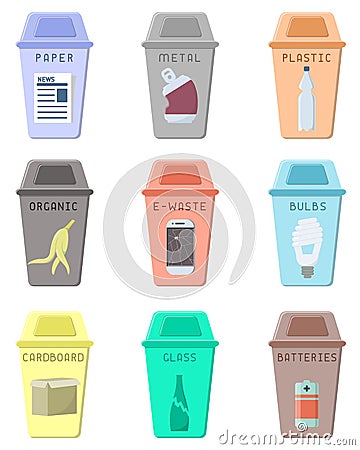 Waste sorting icons set with dustbins and trash Vector Illustration