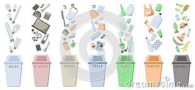 Waste sorting icons set with dustbins and trash Vector Illustration