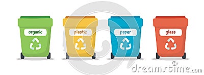 Waste sorting illustration with different colorful garbage bins isolated, illustration for recycling, sustainability Vector Illustration