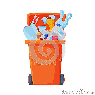 Waste Sorting, Orange Trash Can with Sorted Plastic Garbage, Segregation and Separation Rubbish Disposal Refuse Bin Vector Illustration