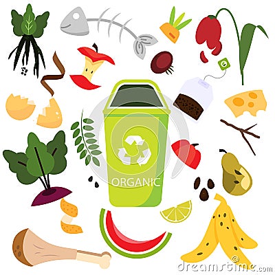 Waste sorting. Organic garbage. Food trash icons Vector Illustration