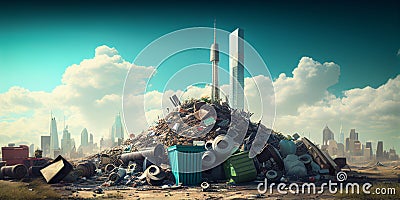 Waste sorting, recycling and collection. large piles of garbage and a big city in the background. Generated by AI Stock Photo