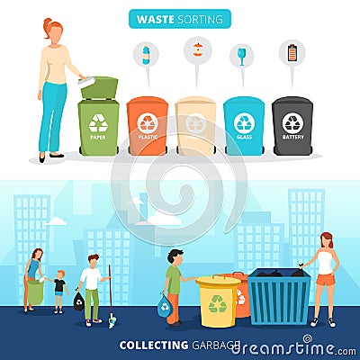 Waste Sorting Recycling Flat Banners Set Vector Illustration