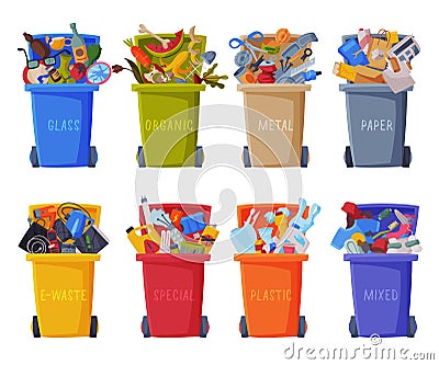Waste Sorting, Set of Trash Cans with Sorted Garbage, Segregation and Separation Rubbish Disposal Refuse Bins Vector Vector Illustration