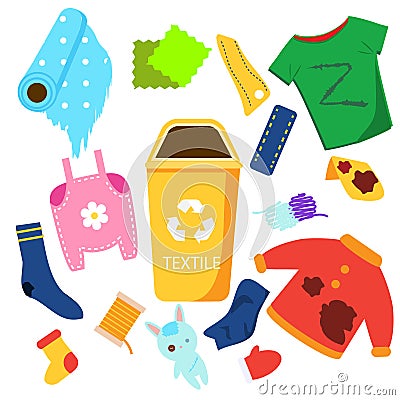 Waste sorting. Textile garbage. Clothes, toys and other trash icons Vector Illustration