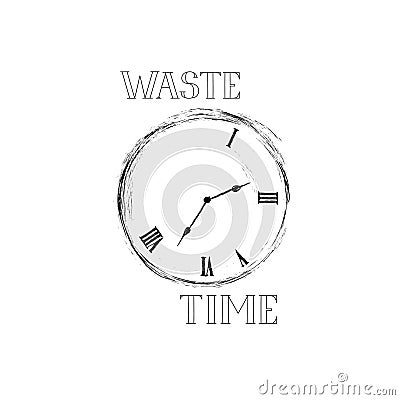 Waste time sign concept. Doodle retro watch dial with damaged nu Stock Photo