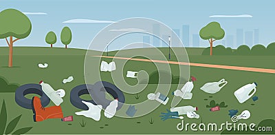 Waste trash garbage in dirty city park, stink heap of tire, plastic bag and bottles Vector Illustration