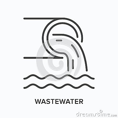 Wastewater flat line icon. Vector outline illustration of pipe and dirty water. Black thin linear pictogram for sewer Vector Illustration