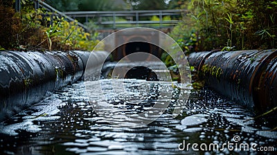 Wastewater pipes from industrial plants which is a large pipe made of metal. The wastewater flowing from the pipe is black and Stock Photo