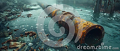 Wastewater pipes from industrial plants which is a large pipe made of metal. The wastewater flowing from the pipe is black and Stock Photo