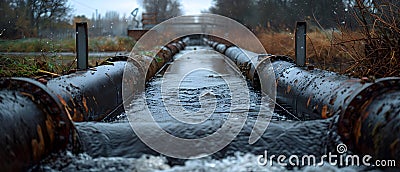 Wastewater pipes from industrial plants which is a large pipe made of metal. The wastewater flowing from the pipe is black and Stock Photo