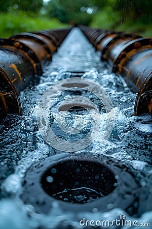 Wastewater pipes from industrial plants which is a large pipe made of metal. The wastewater flowing from the pipe is black and Stock Photo