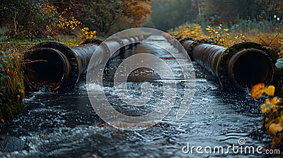 Wastewater pipes from industrial plants which is a large pipe made of metal. The wastewater flowing from the pipe is black and Stock Photo